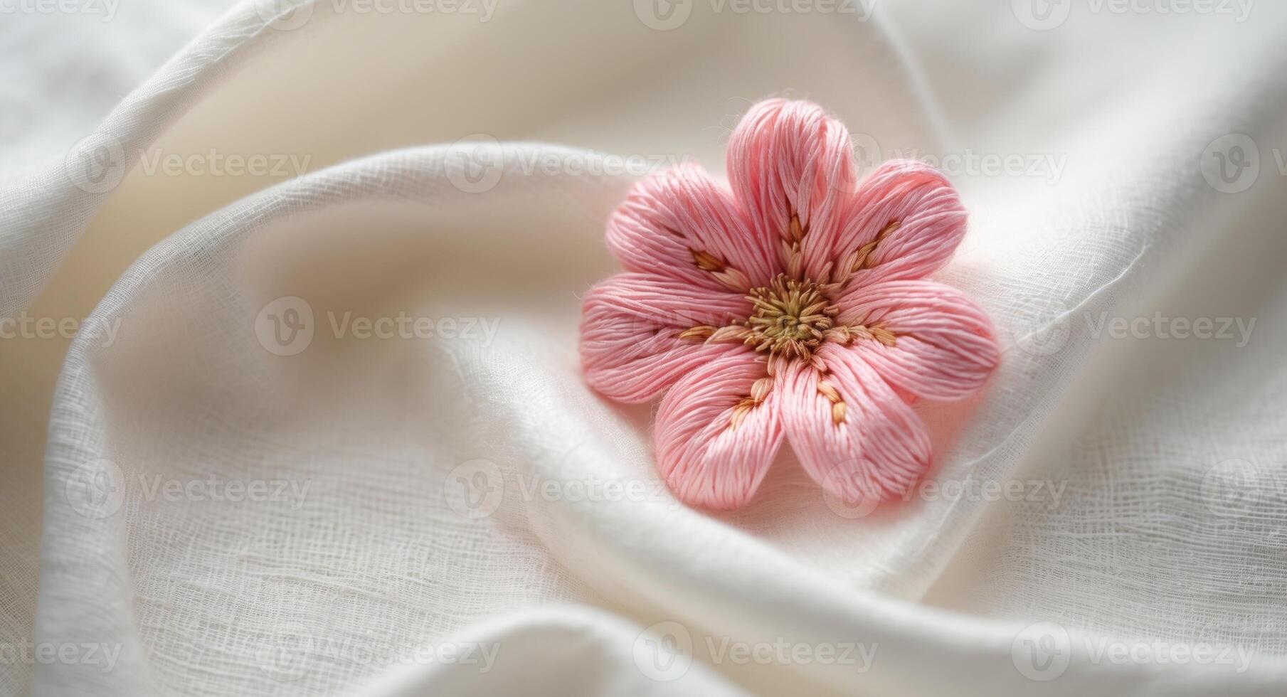 A pink flower embroidered on a piece of fabric photo