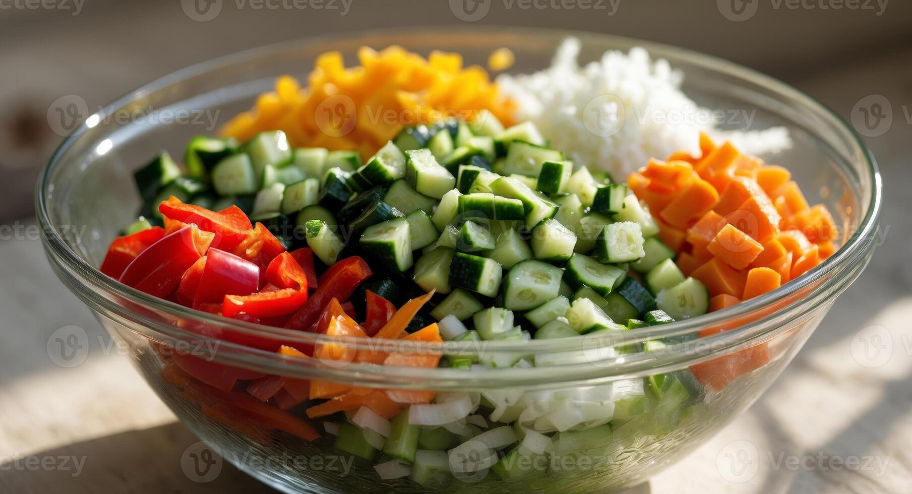 A vibrant medley of colorful chopped vegetables being mixed in a glass bowl photo