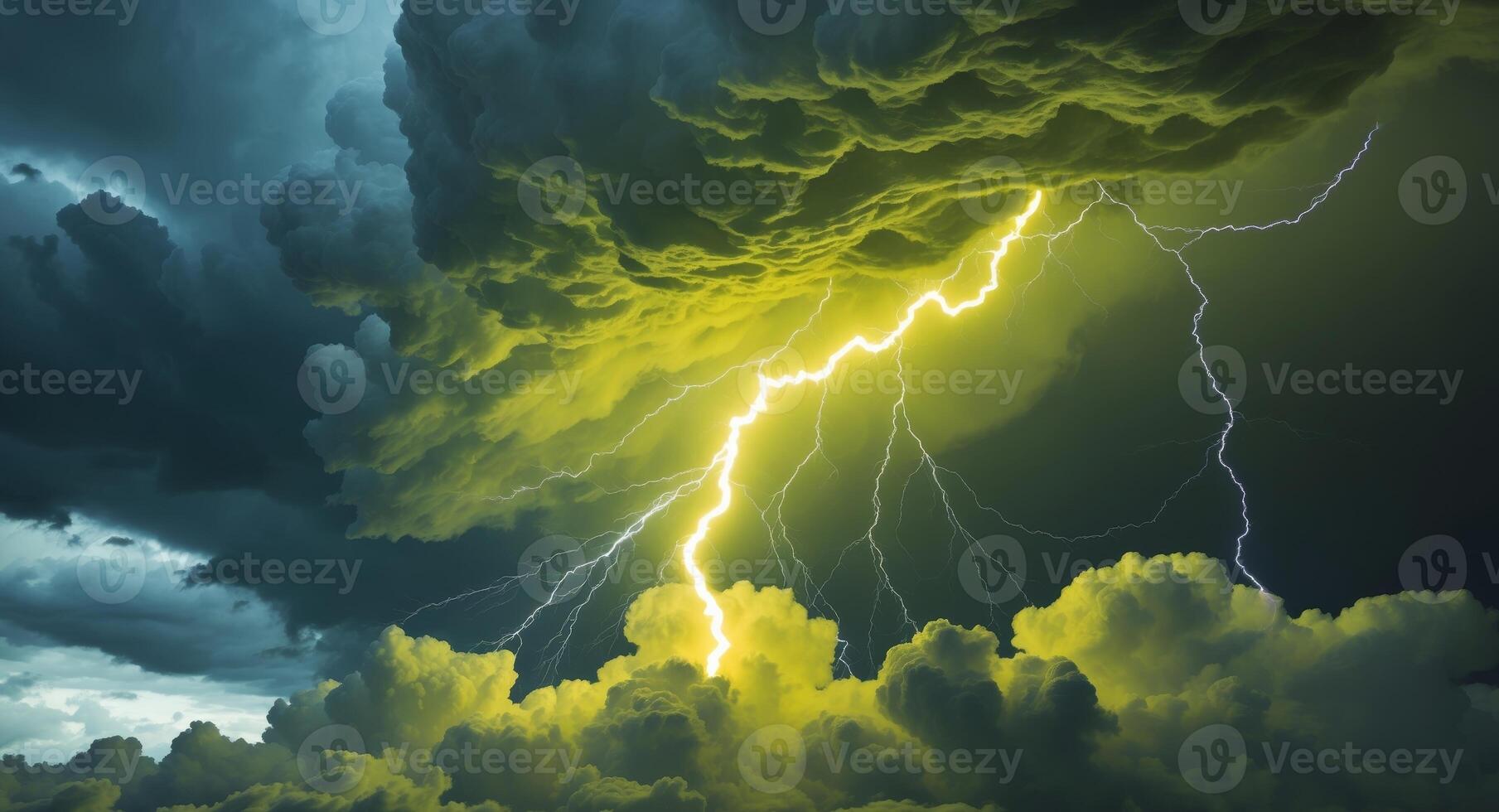 Dramatic Storm Cloudscape with Lightning and Yellow Green Hues. photo