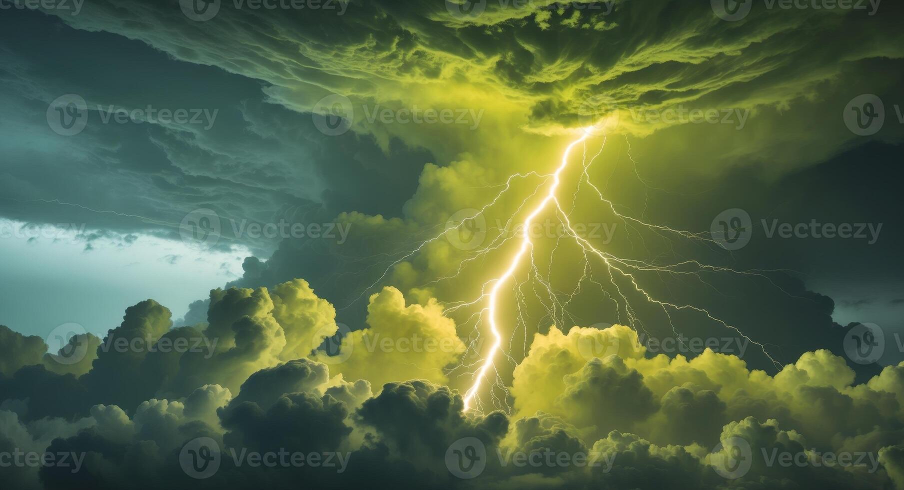 Dramatic Storm Cloudscape with Lightning and Yellow Green Hues photo