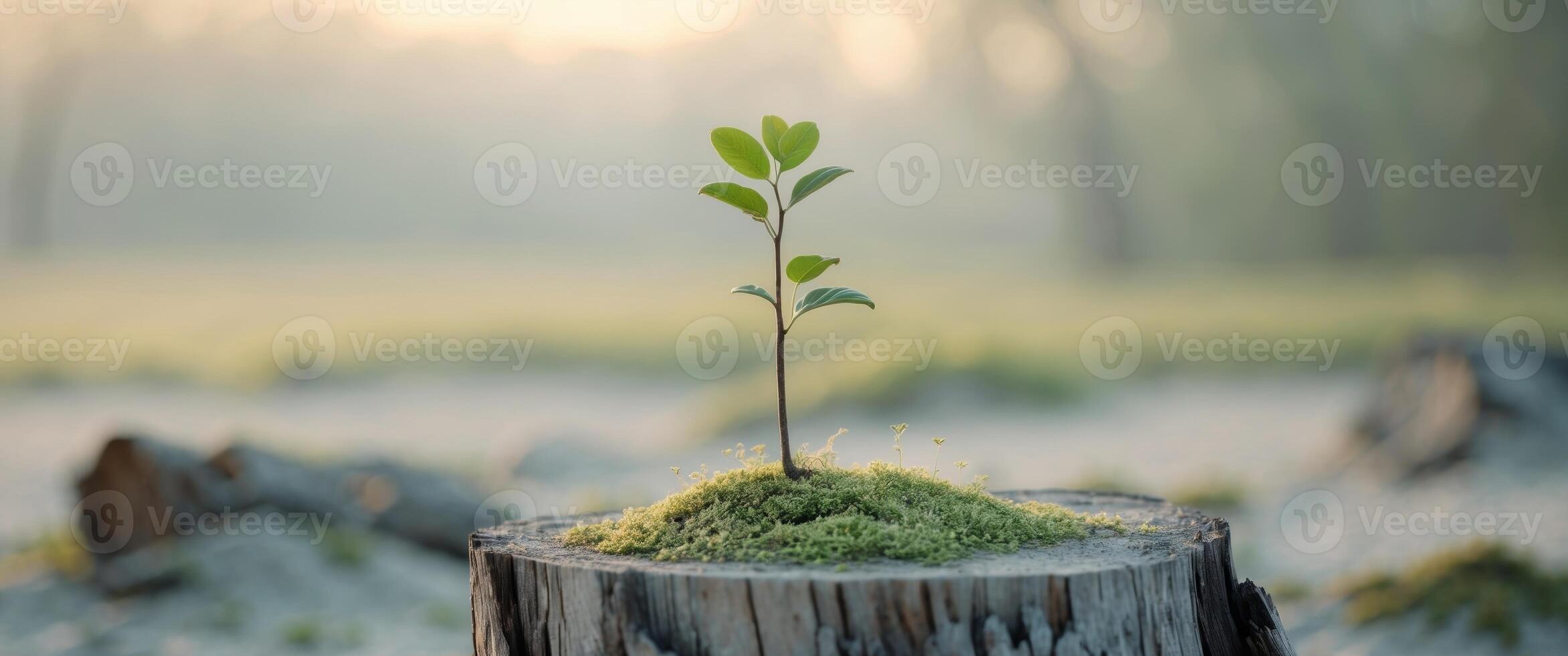 young plant grows from cut tree trunk in serene landscape photo