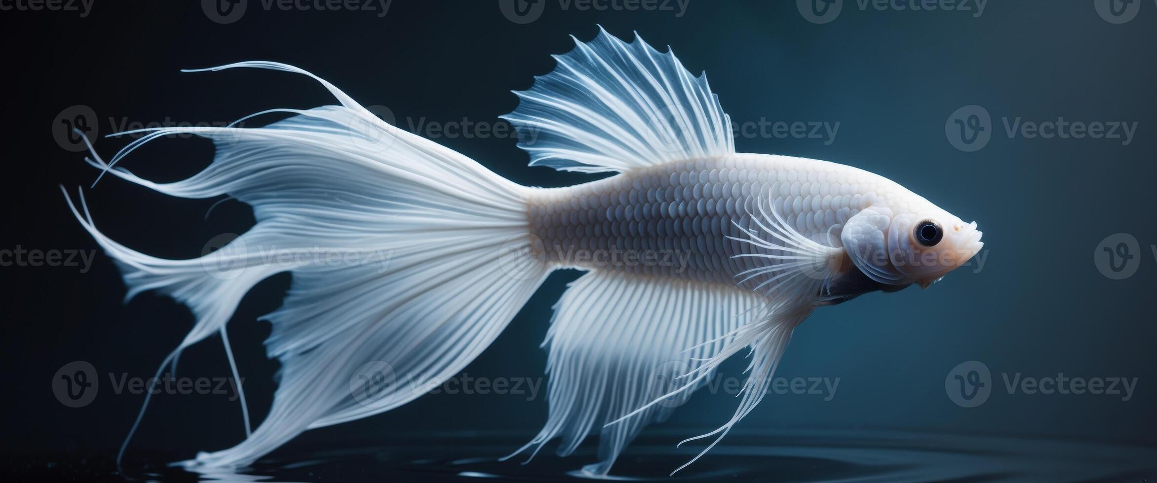 White betta fish with long fins swimming in a dark and mysterious water. photo