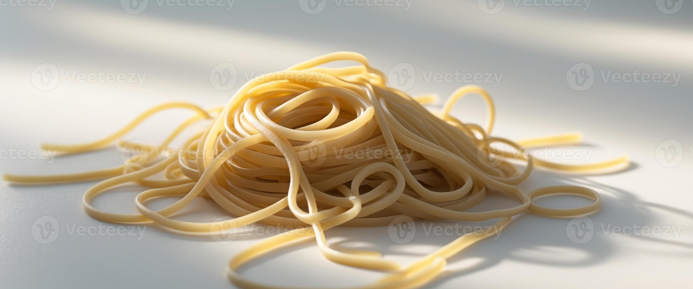 raw spaghetti pasta arranged on white surface with soft lighting and shadows. photo