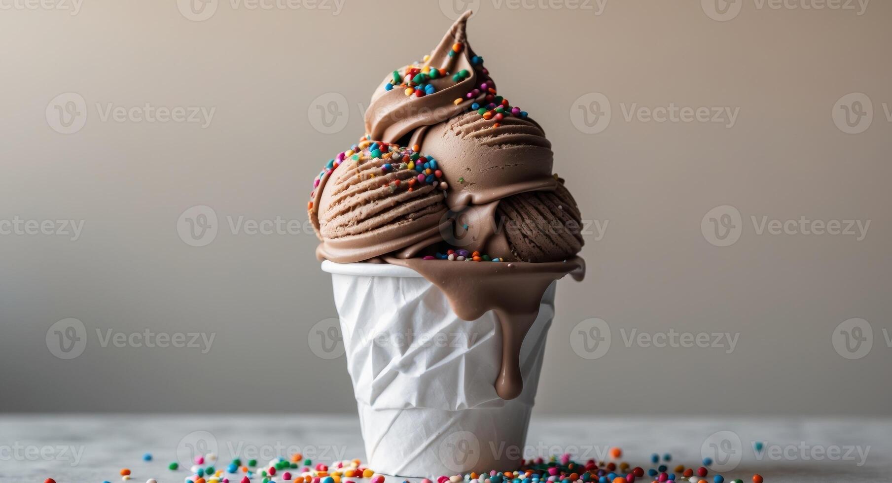 Chocolate soft serve ice cream in a paper cup with sprinkles. photo
