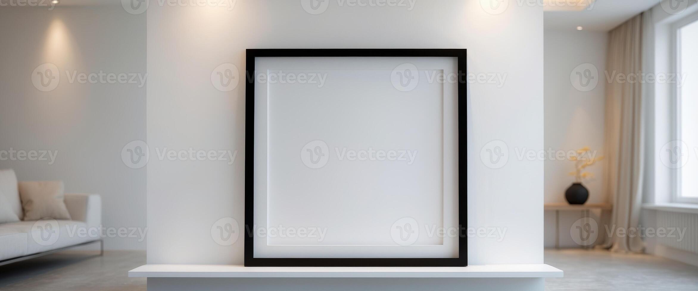white wall with black thin frame empty frame mock up cozy modern interior room background photo
