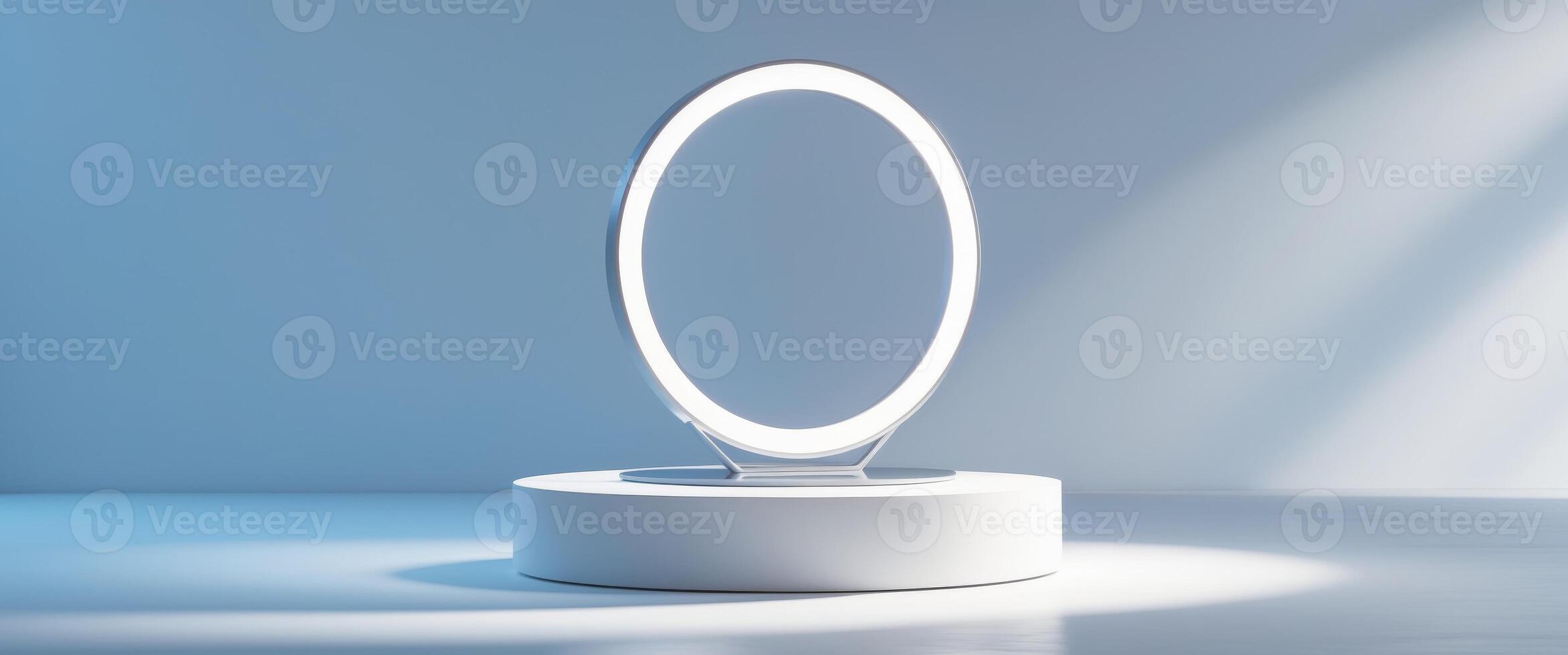 Geometric Podium for Product Showcase with Blue Ambient Lighting and Circular Ring Design photo