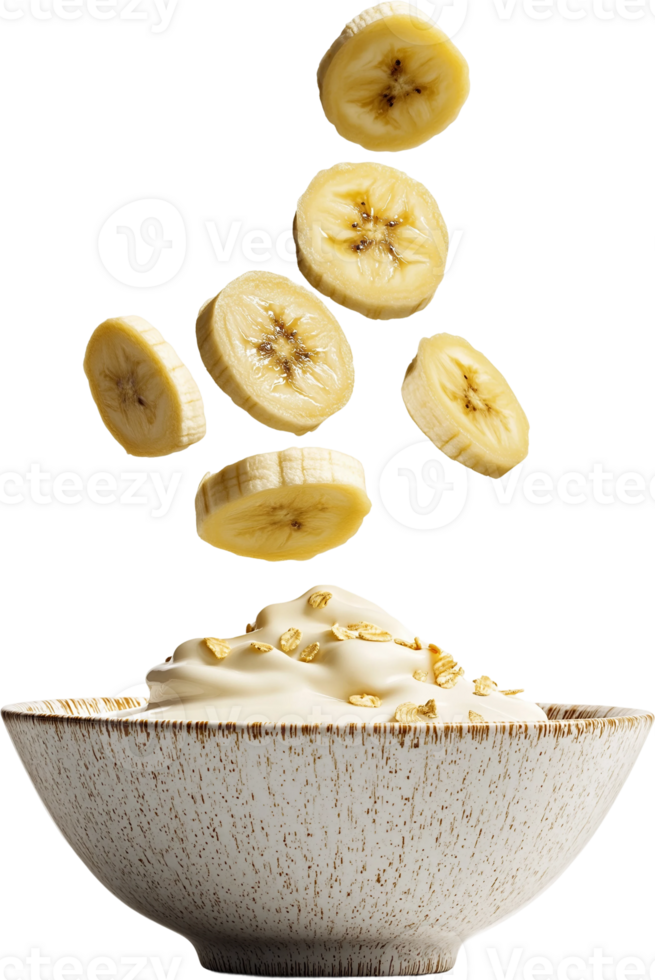 banana slices falling from a bowl of yogurt png