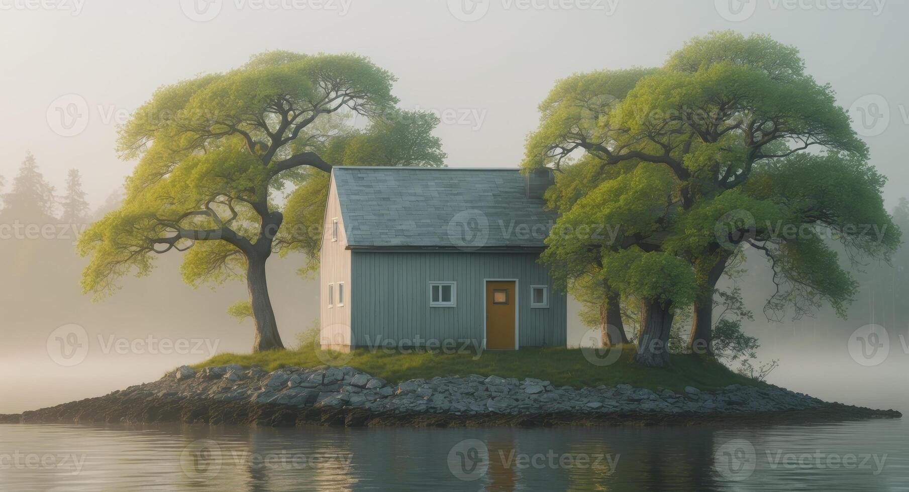 a house on a small island surrounded by trees photo