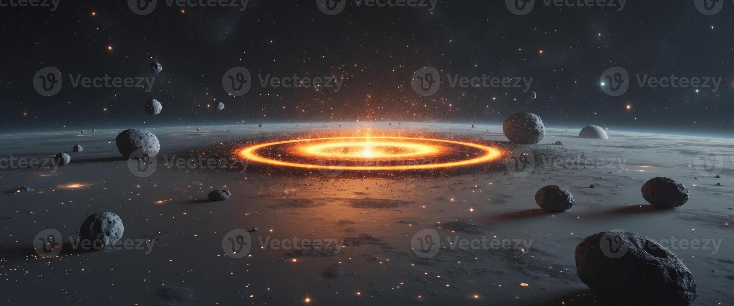 Explosive ring of fiery light in space surrounded by asteroids and glowing planets. photo