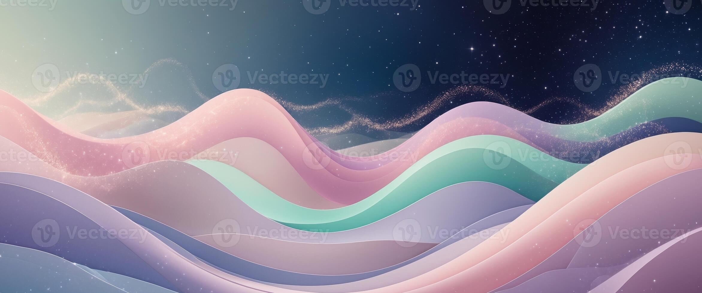 Abstract waves of pastel colors with glittering cosmic dust and a gradient background photo