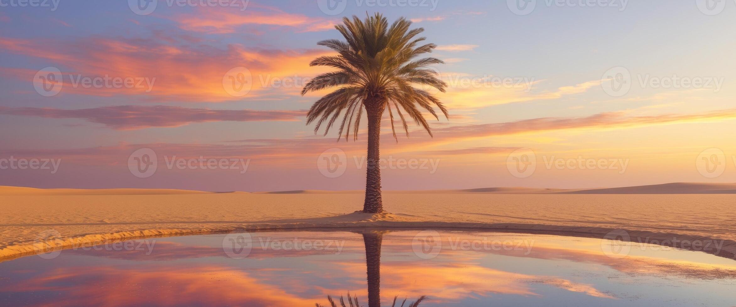 Serene Desert Landscape with Palm Tree and Reflective Water Pool at Sunset. photo