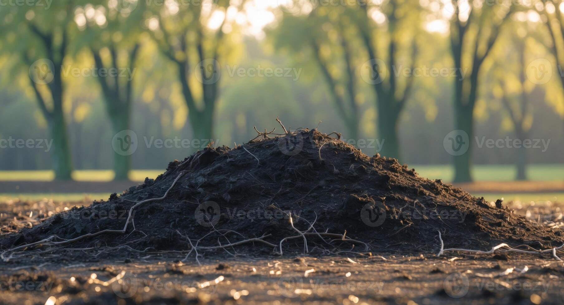 Mound of dark soil in a field under a warm sunlight with trees in the background. photo