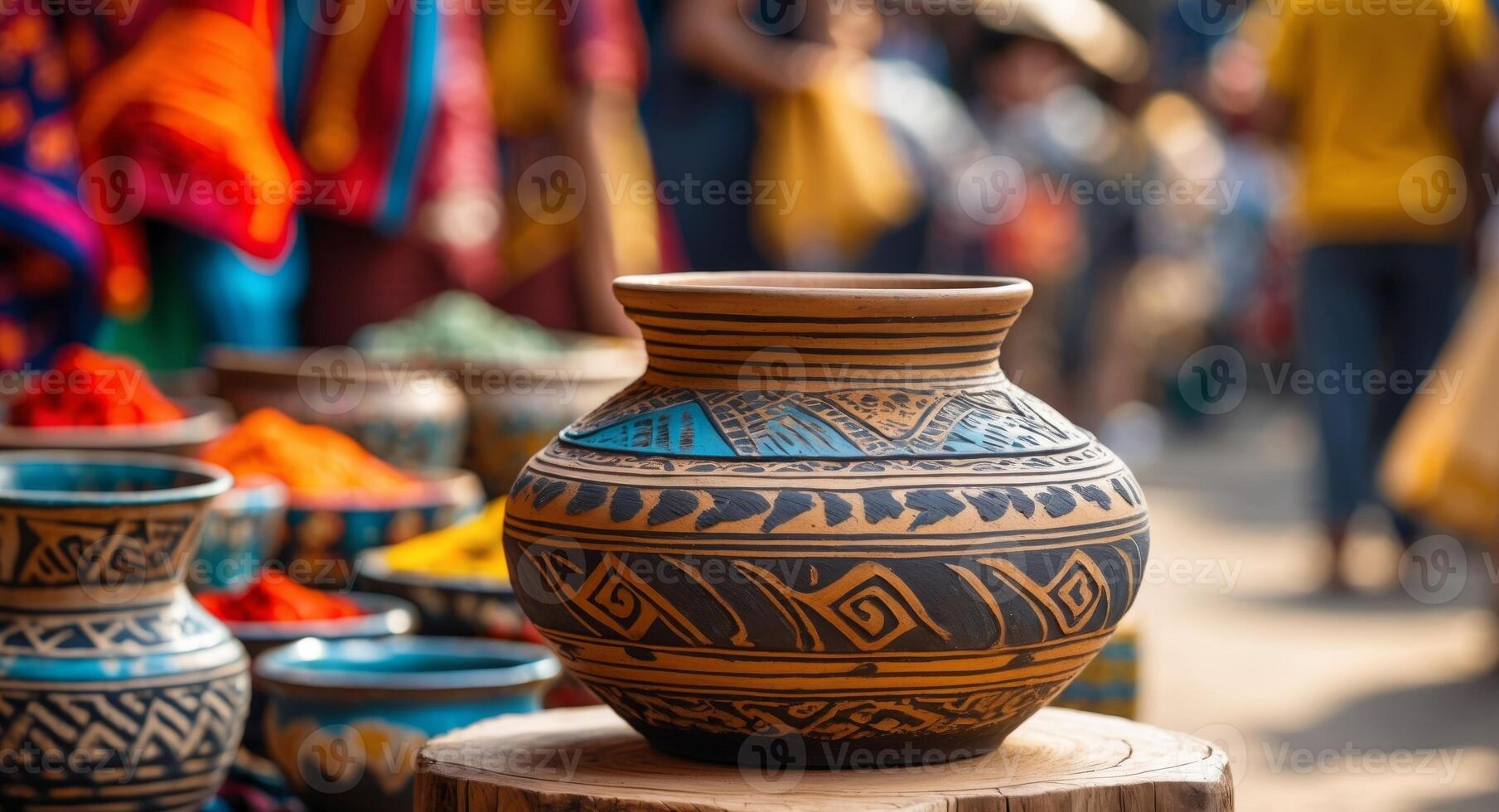 Vibrant traditional pottery displayed in a bustling market adorned with colorful textiles. photo