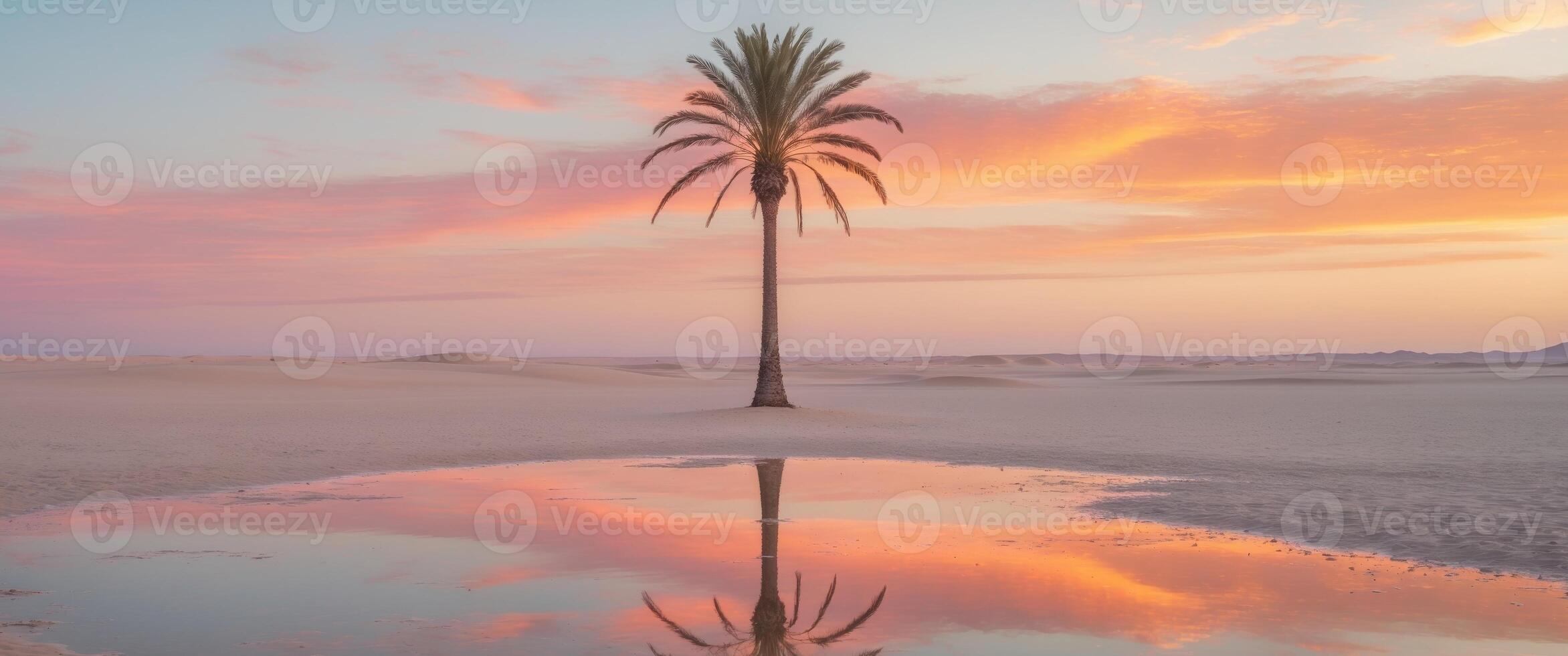 Serene Desert Landscape Featuring Palm Tree and Reflective Water at Sunset. photo