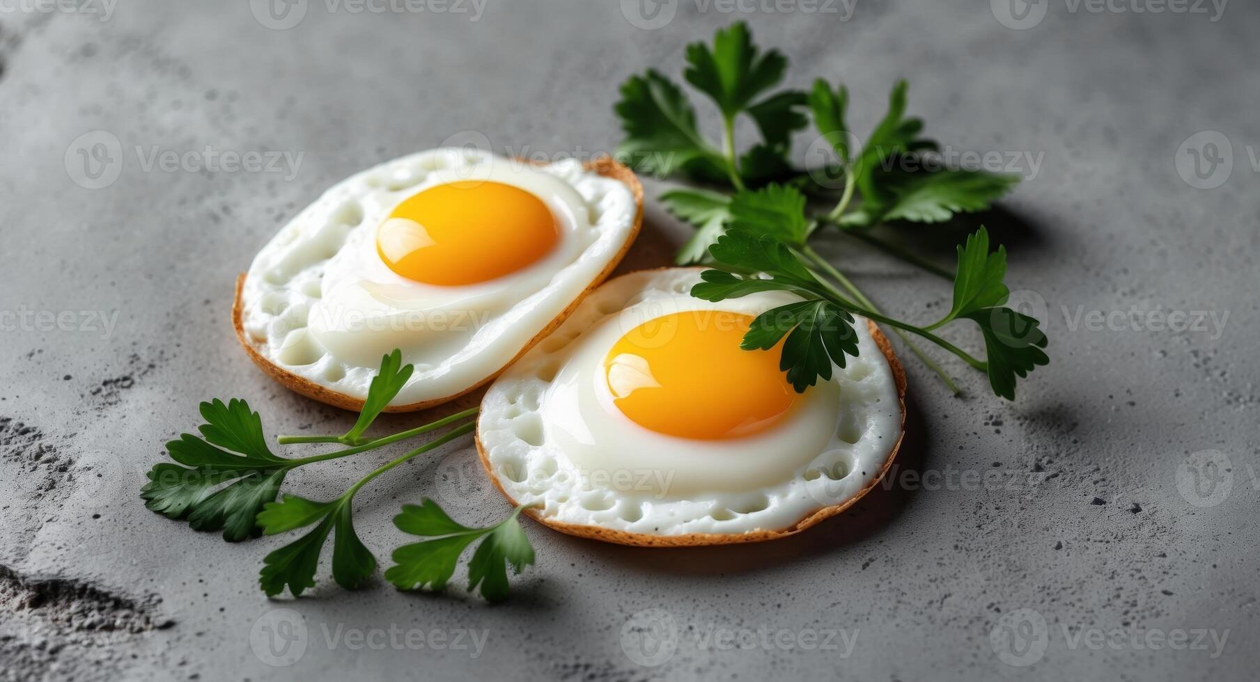 Fried eggs on a textured gray background with vibrant yellow yolks and green parsley sprigs creating a nutritious and appealing food concept. photo