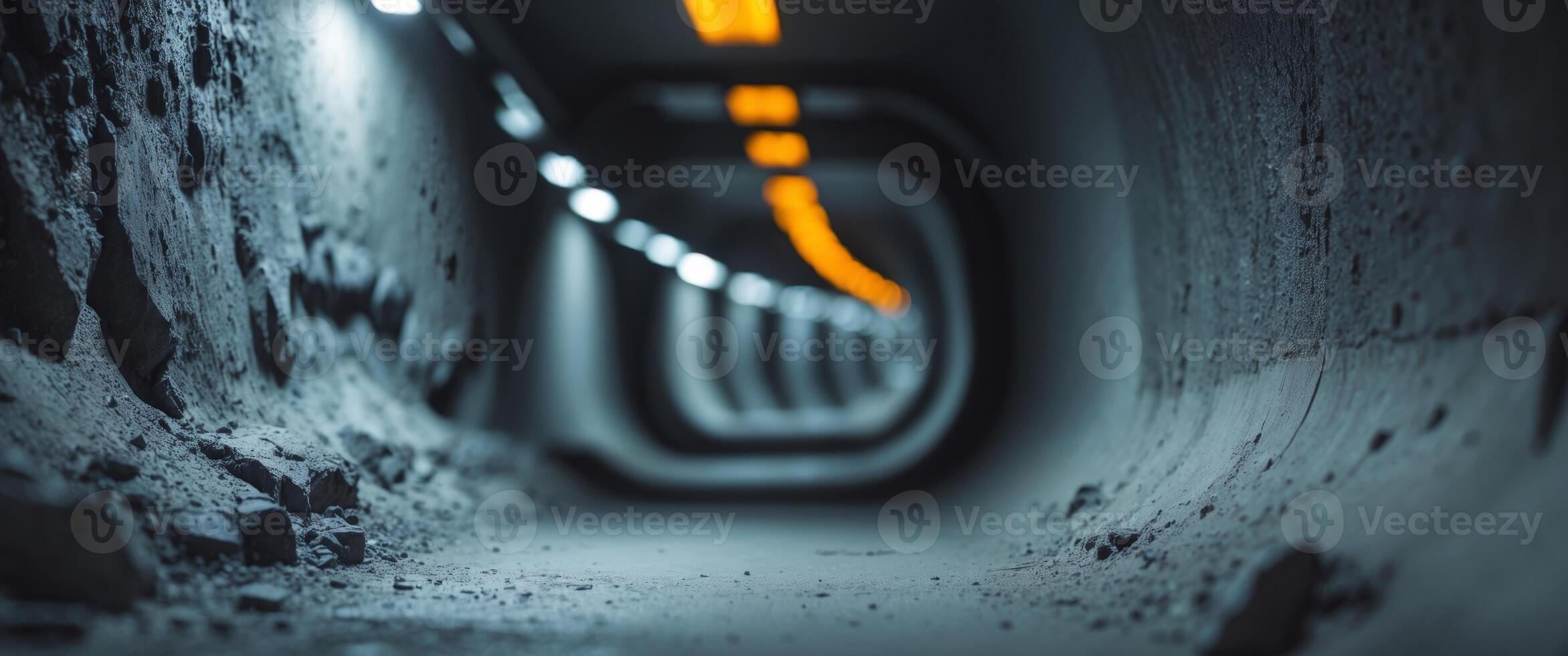 Close up view of an underground tunnel with concrete walls and dim lighting photo
