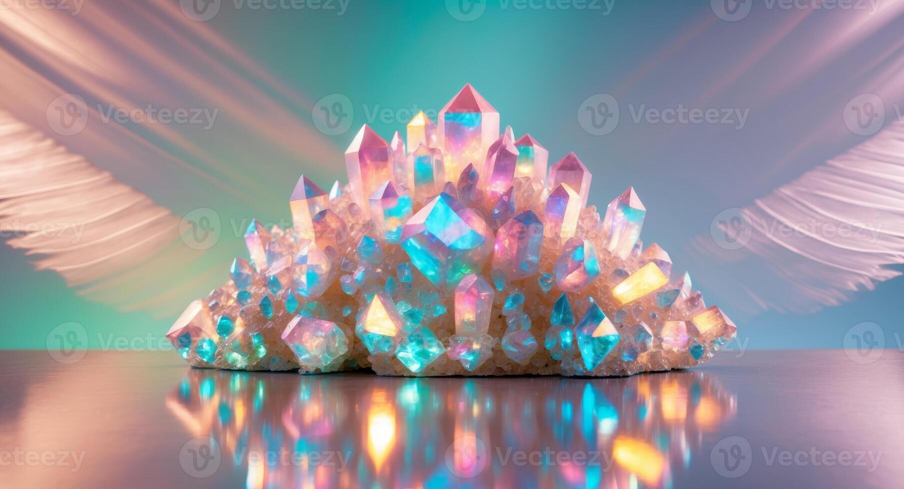 Glowing multicolored crystal cluster on reflective surface with light rays background. photo