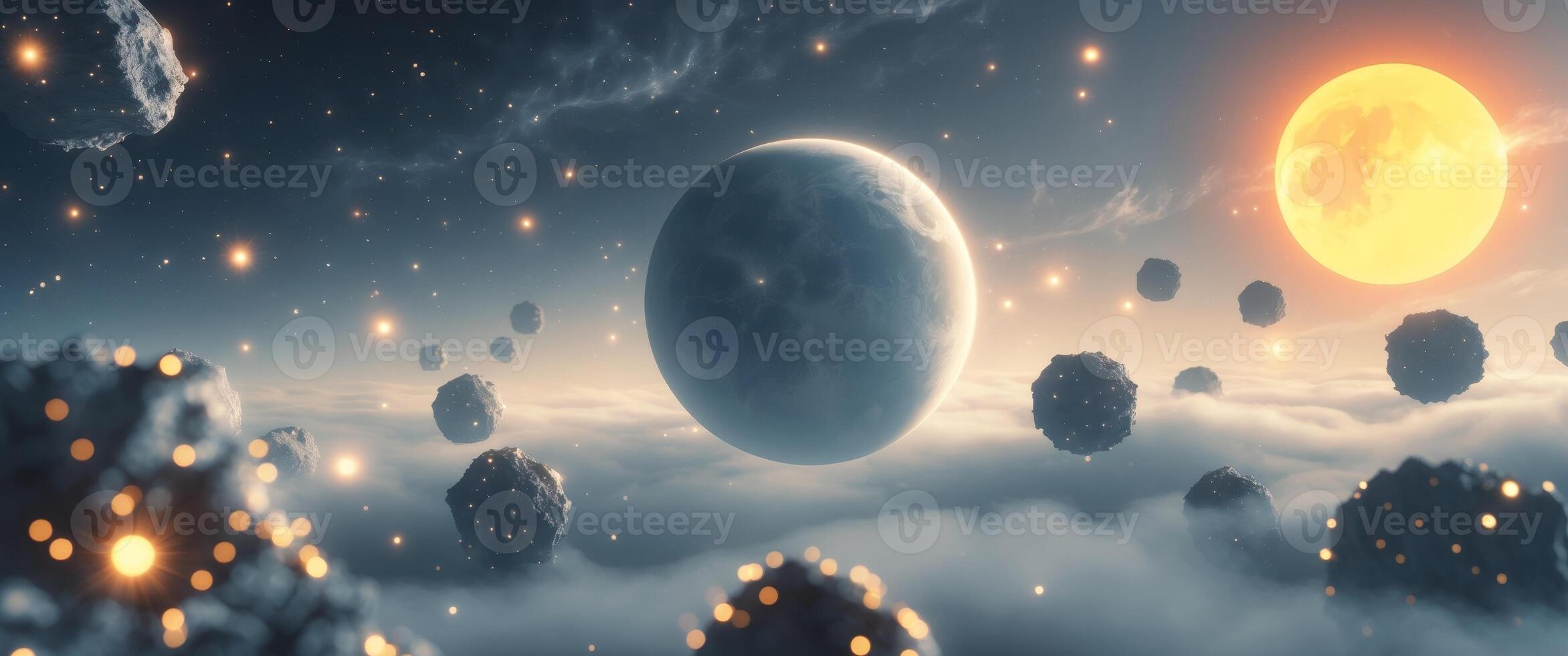 Planet surrounded by glowing asteroids and cosmic debris with radiant sun in the distance. photo