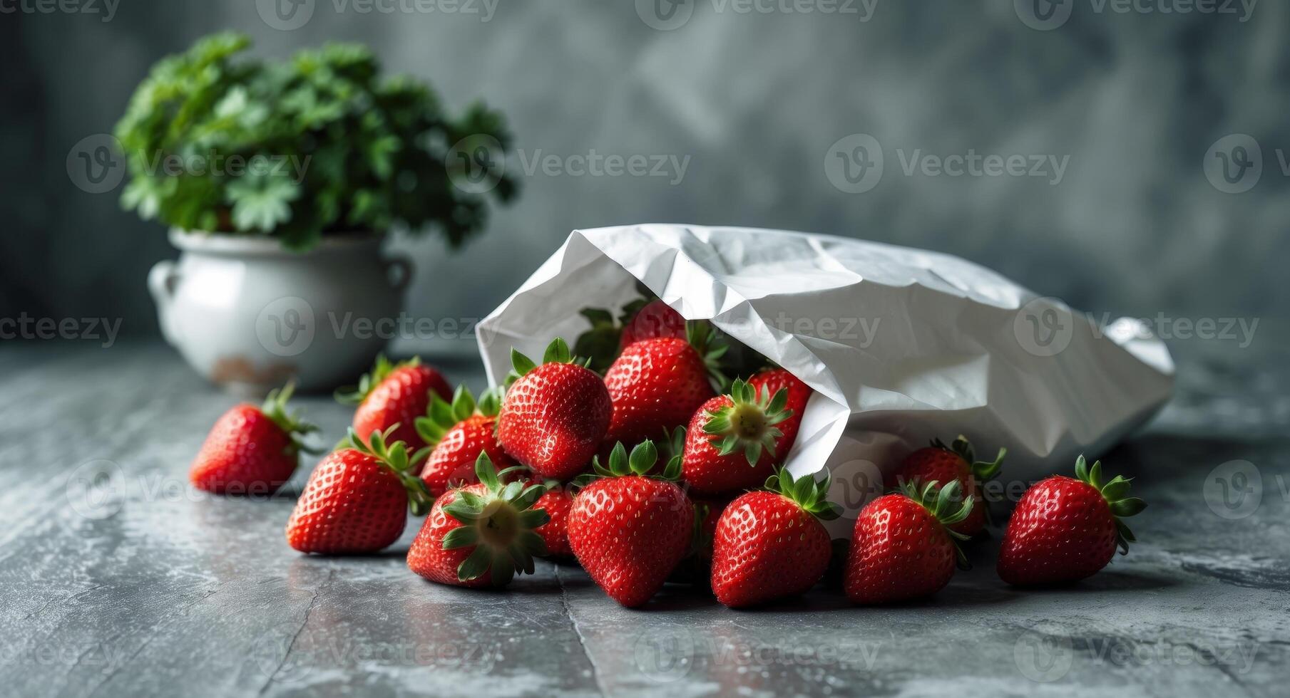 Fresh Red Strawberries Spilling from White Bag on Textured Grey Kitchen Table with Green Herb Pot in Background Organic Food Concept Ideal for Culinary Themes. photo