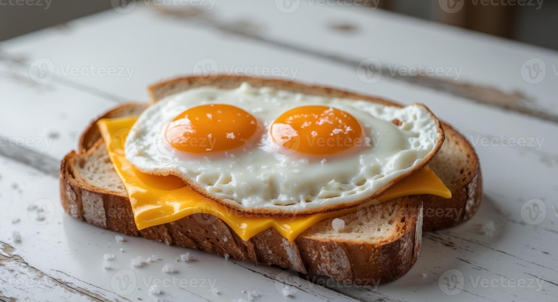Toasted bread with fried eggs and melted cheese making a tasty breakfast sandwich photo