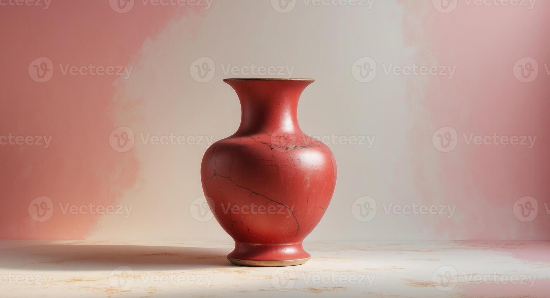 Antique red ceramic vase positioned on a soft pink and cream gradient background with warm lighting and ample copy space for decor promotions photo