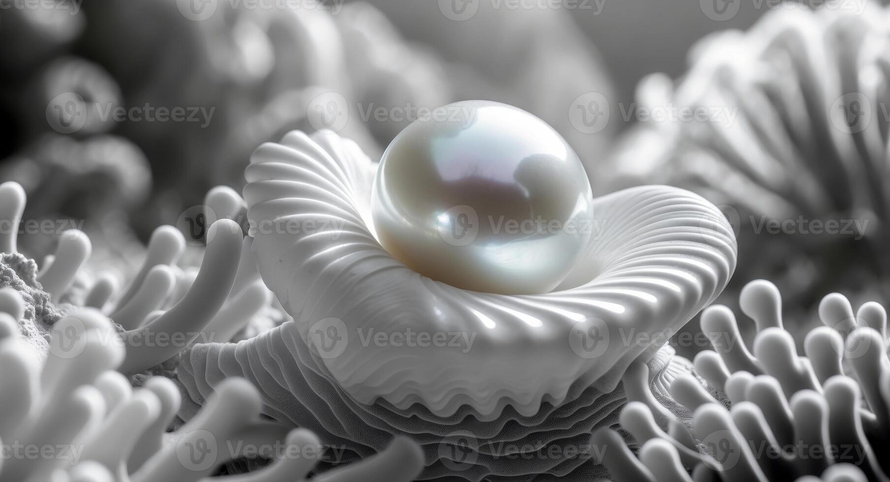 A pearl is sitting in a shell on a coral reef photo