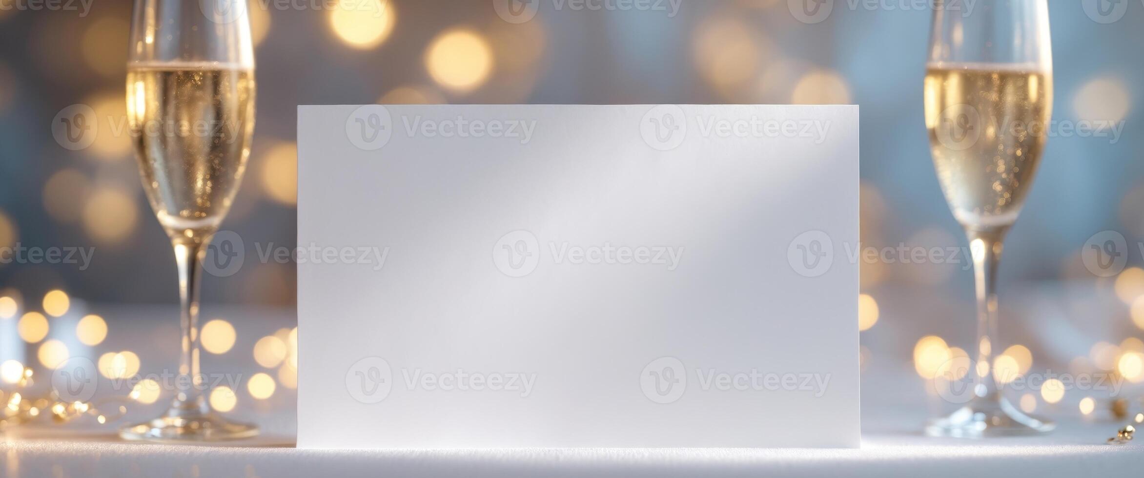 white blank card on Festive table setting with champagne glasses and blurred background. photo