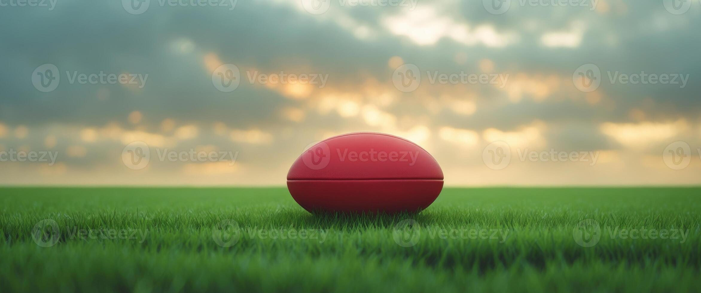 Green field with a single red rugby ball resting on the grass under a cloudy sky at sunset photo