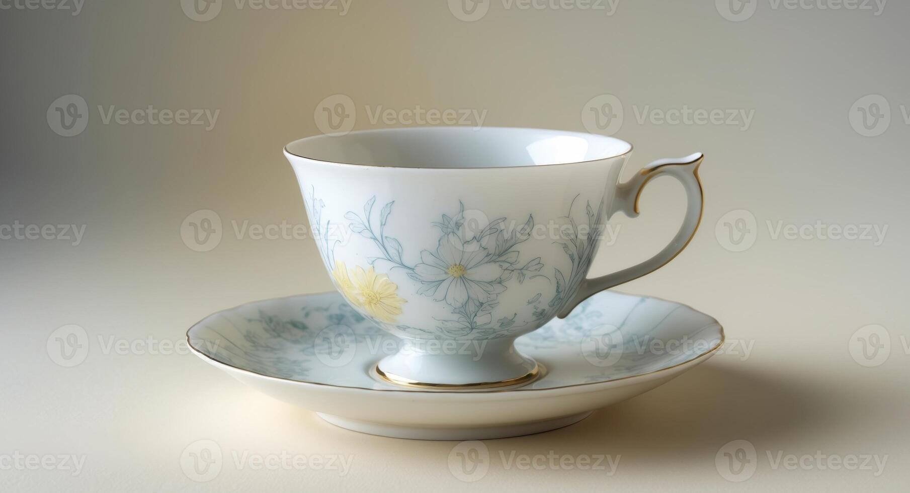 A white tea cup with a floral design sits on a saucer. photo