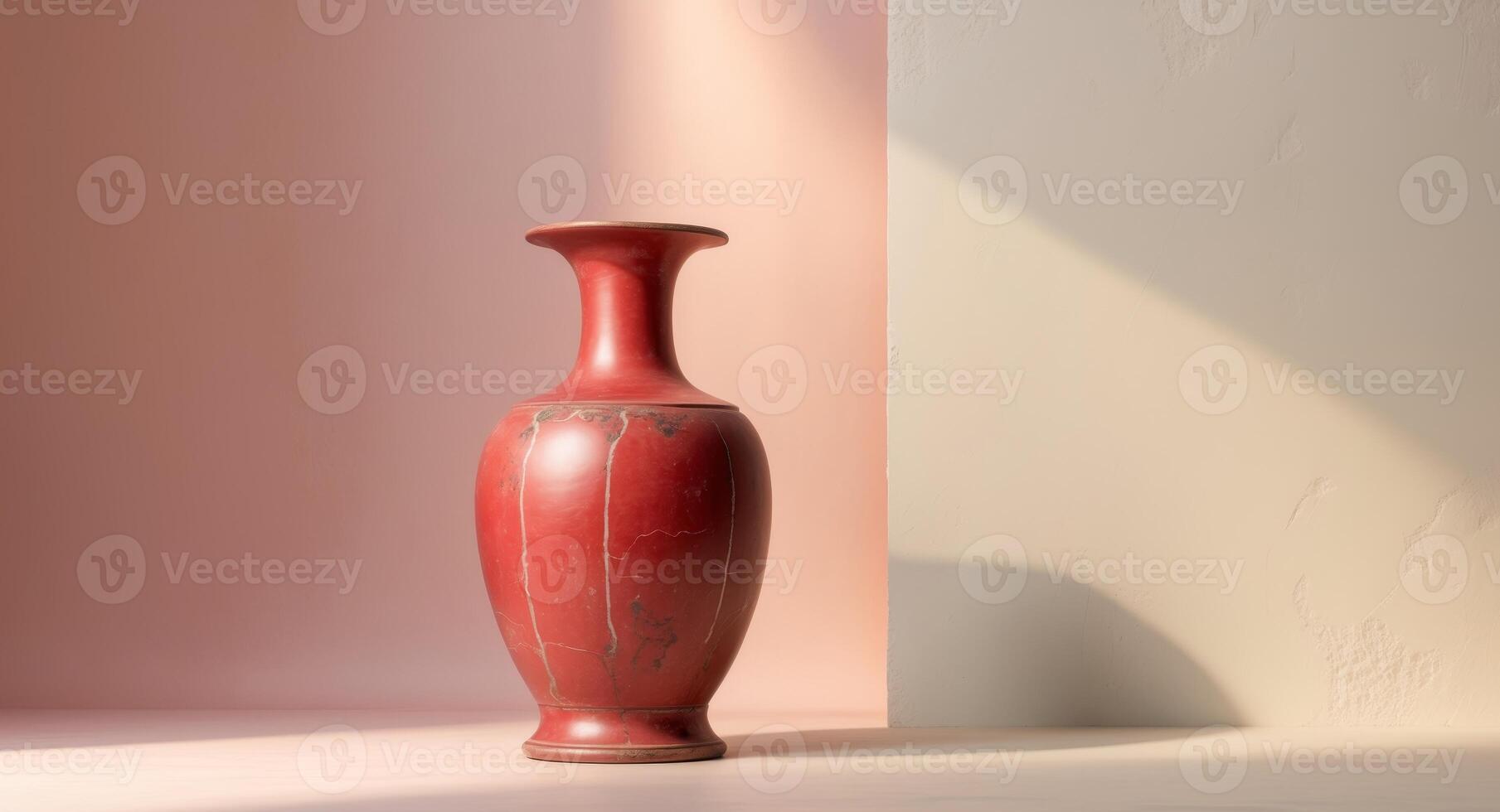 Antique red ceramic vase positioned on a soft pink and cream gradient background with warm lighting and ample copy space for decor promotions. photo