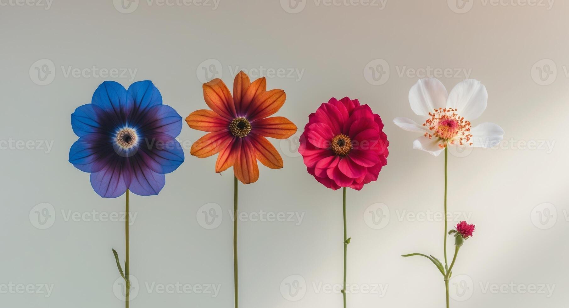 four different colored flowers are arranged in a row. photo