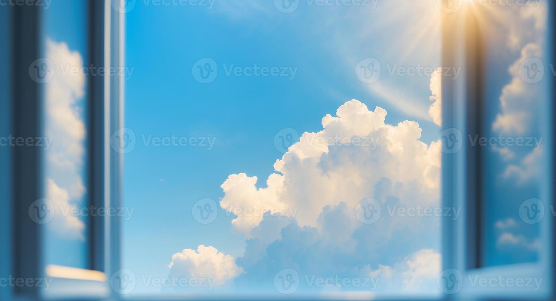 An Exquisite Window View Featuring a Bright Blue Sky Accompanied by Fluffy White Clouds. photo