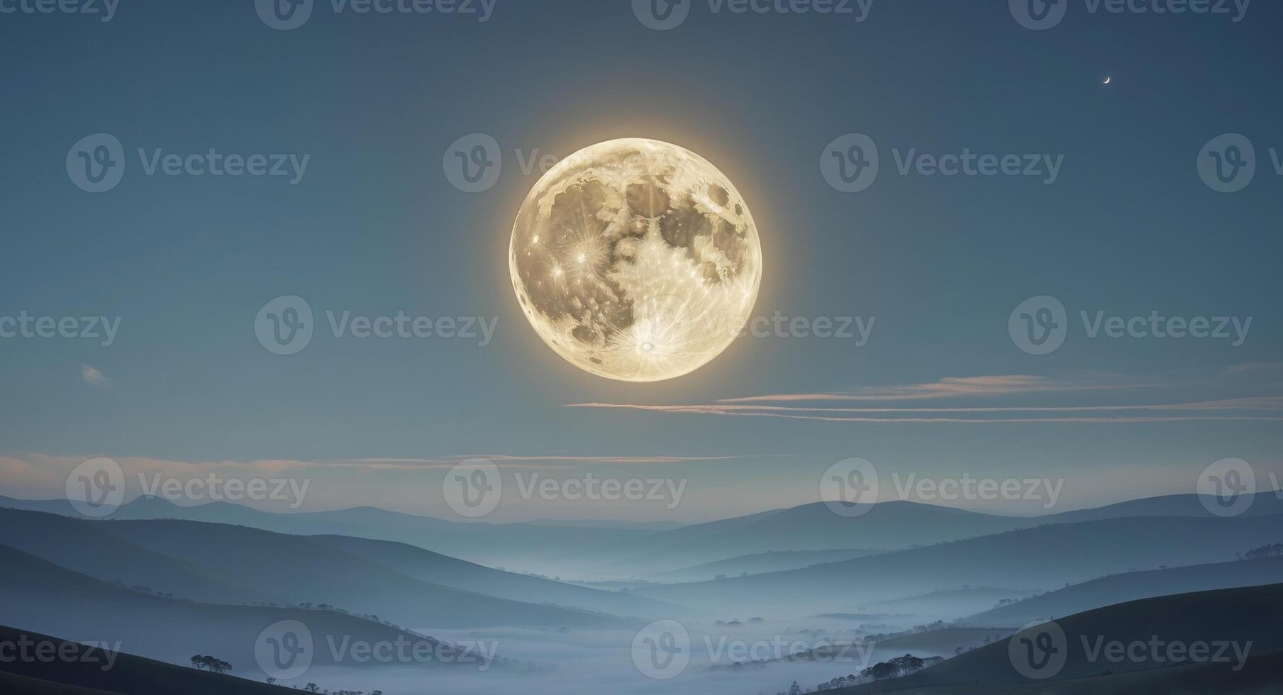 A stunning Worm Moon rising over a tranquil landscape photo