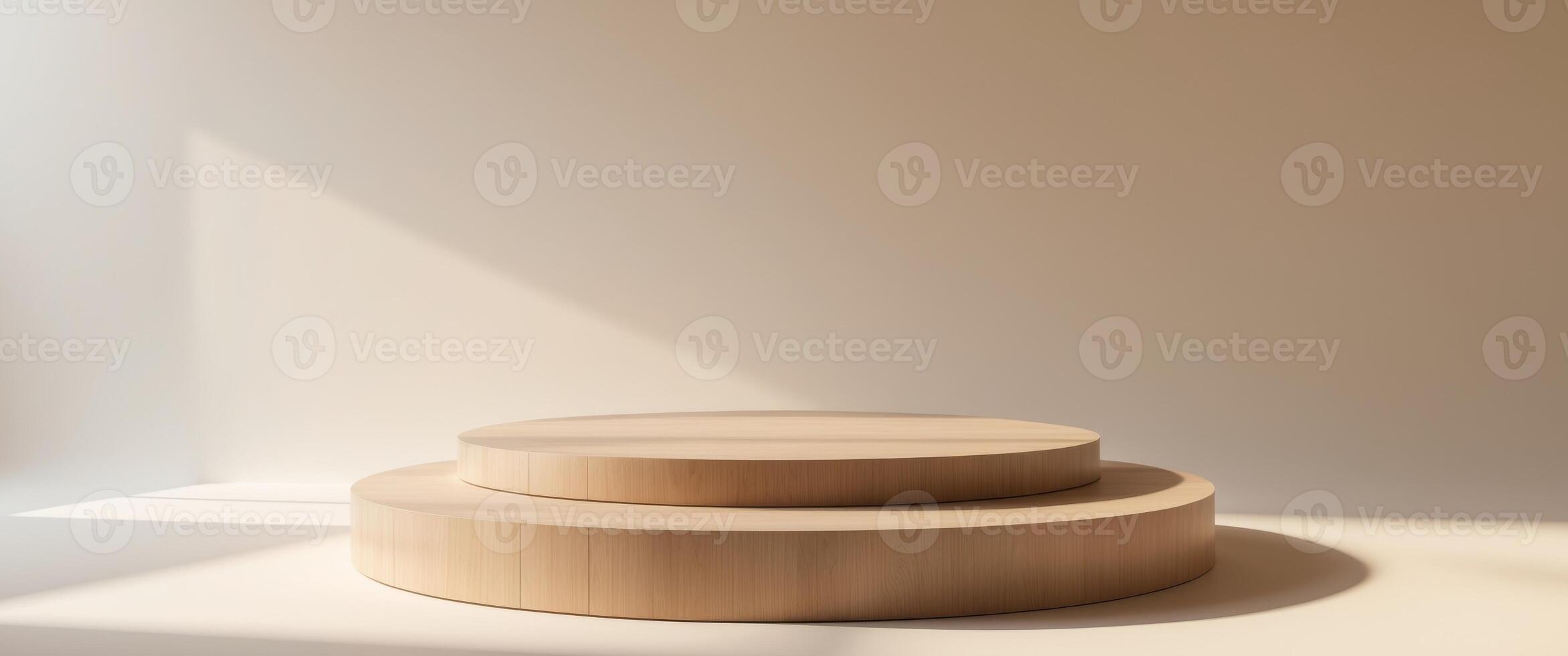 round wooden podium for product presentation on beige background with shadows photo