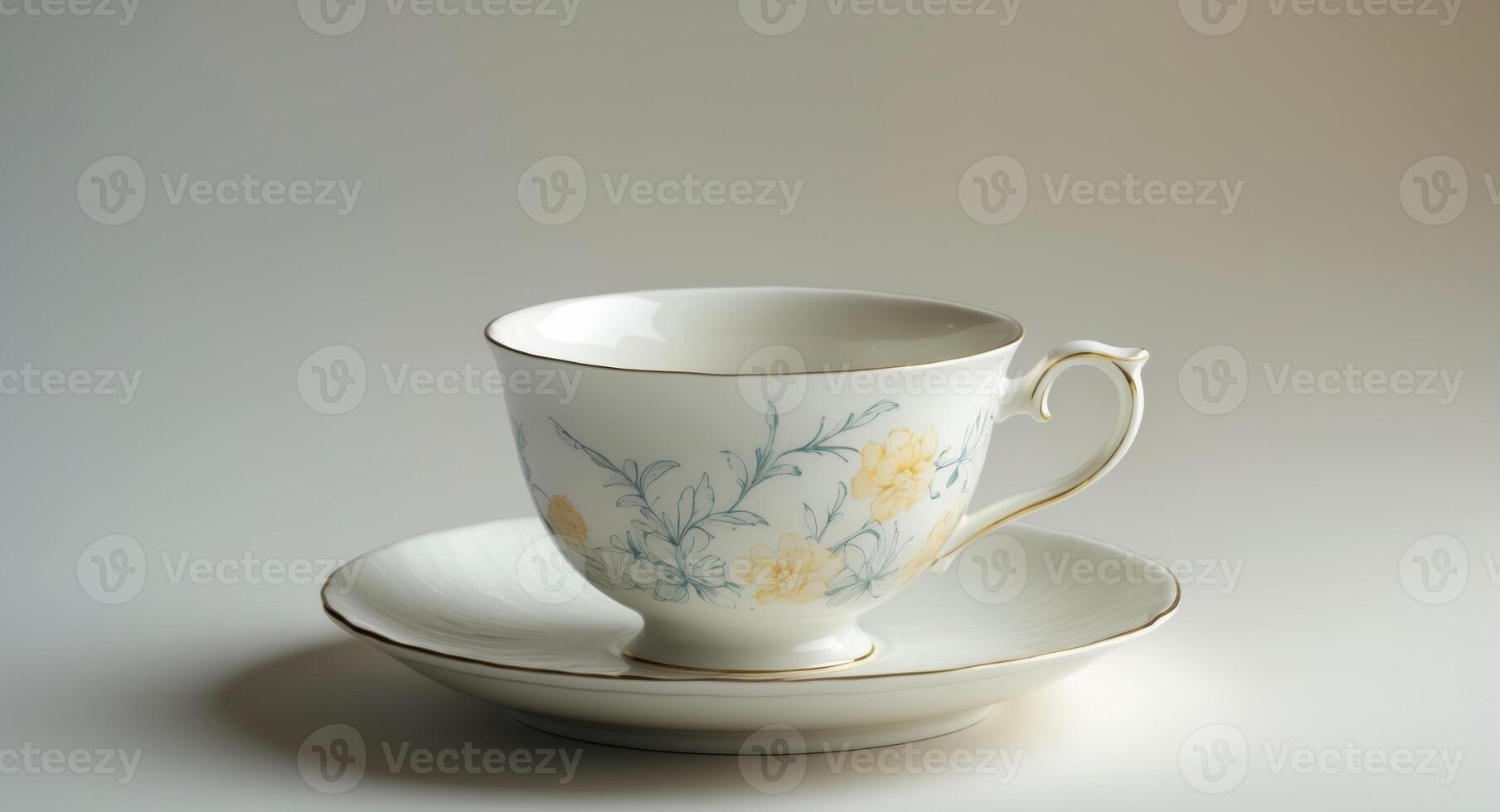 A white tea cup with a floral design sits on a saucer photo