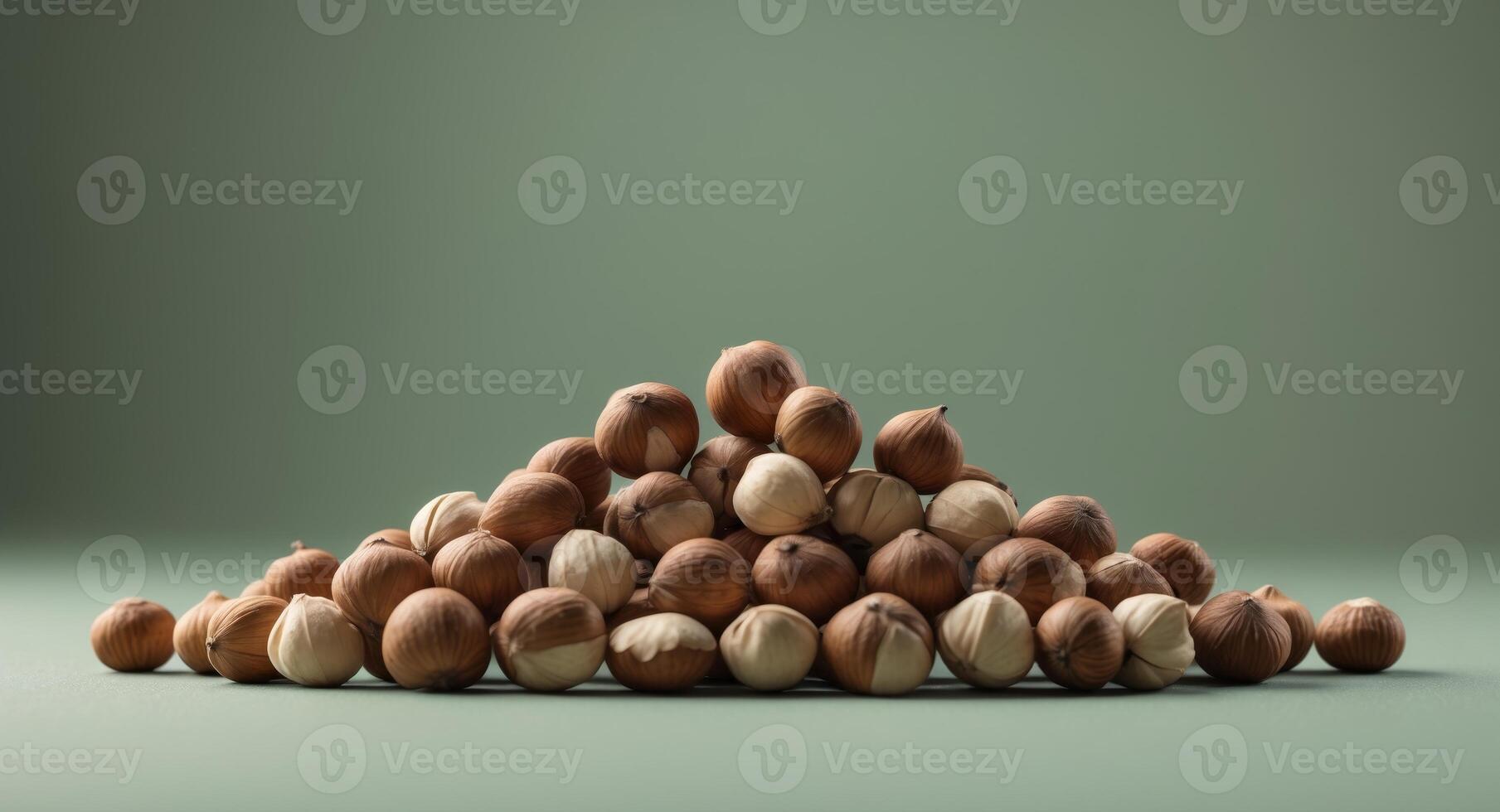 A pile of hazelnuts on a green background photo