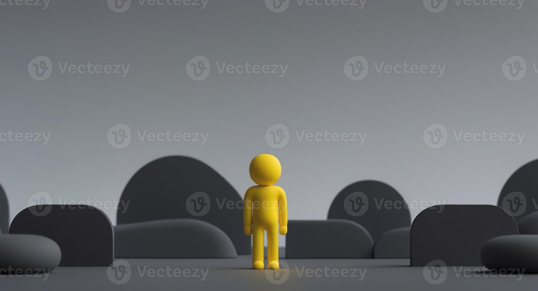 A solitary yellow figure stands illuminated amidst a group of dark rounded shapes. photo