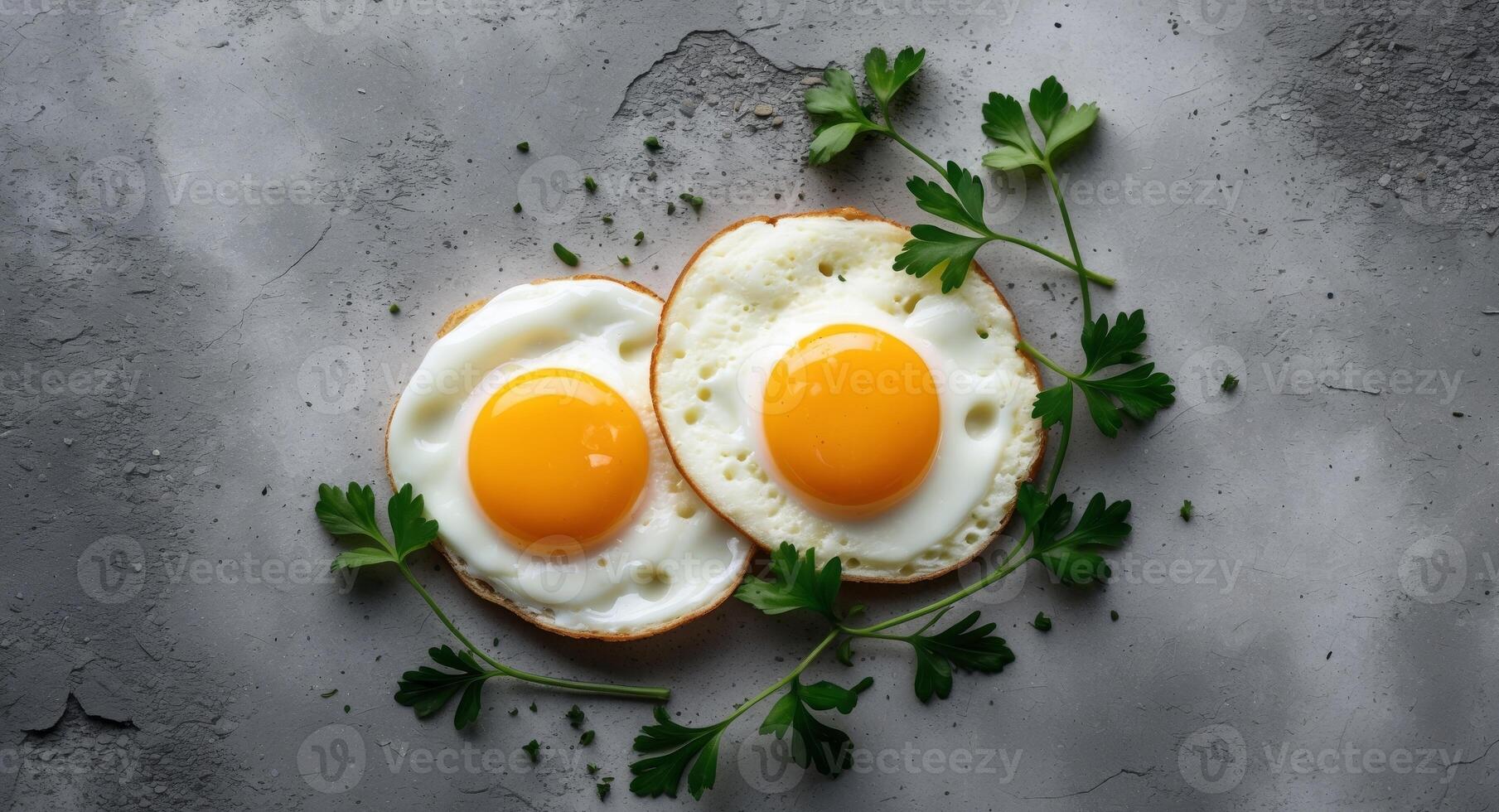 Fried eggs on a textured gray background with vibrant yellow yolks and green parsley sprigs creating a nutritious and appealing food concept photo