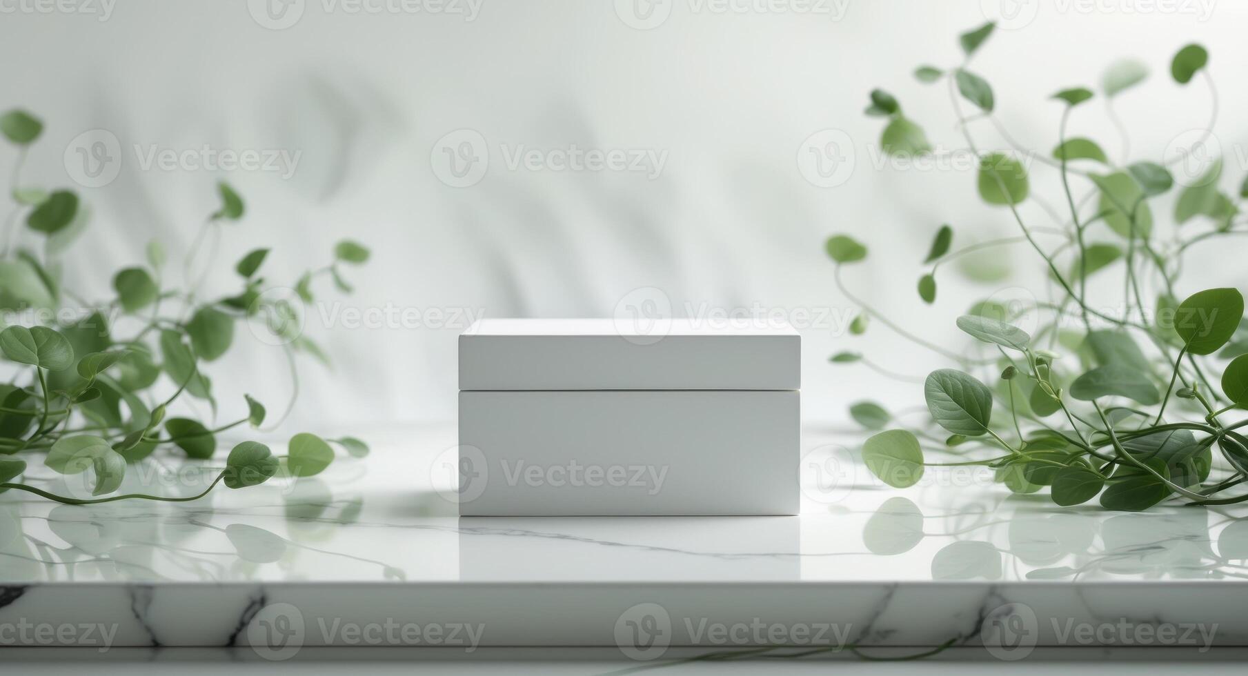 A close up view of a white box resting on a white marble surface near plants photo