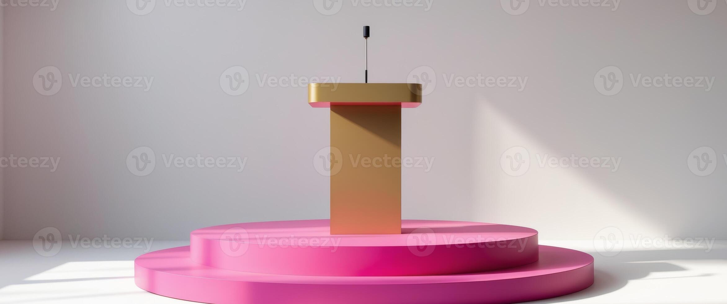 A golden podium is set on a pink circular platform photo