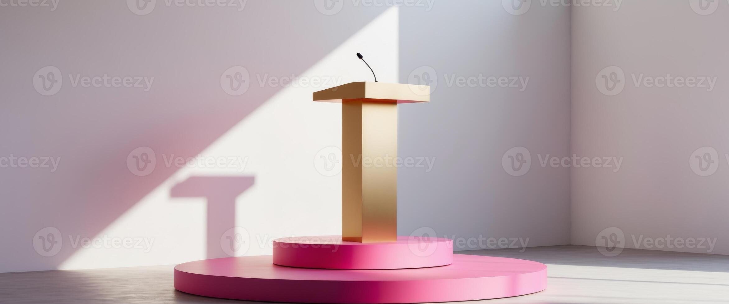 A golden podium is set on a pink circular platform. photo