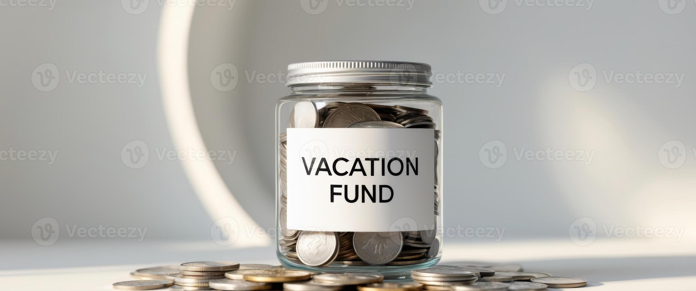 A jar filled with coins labeled Vacation Fund photo