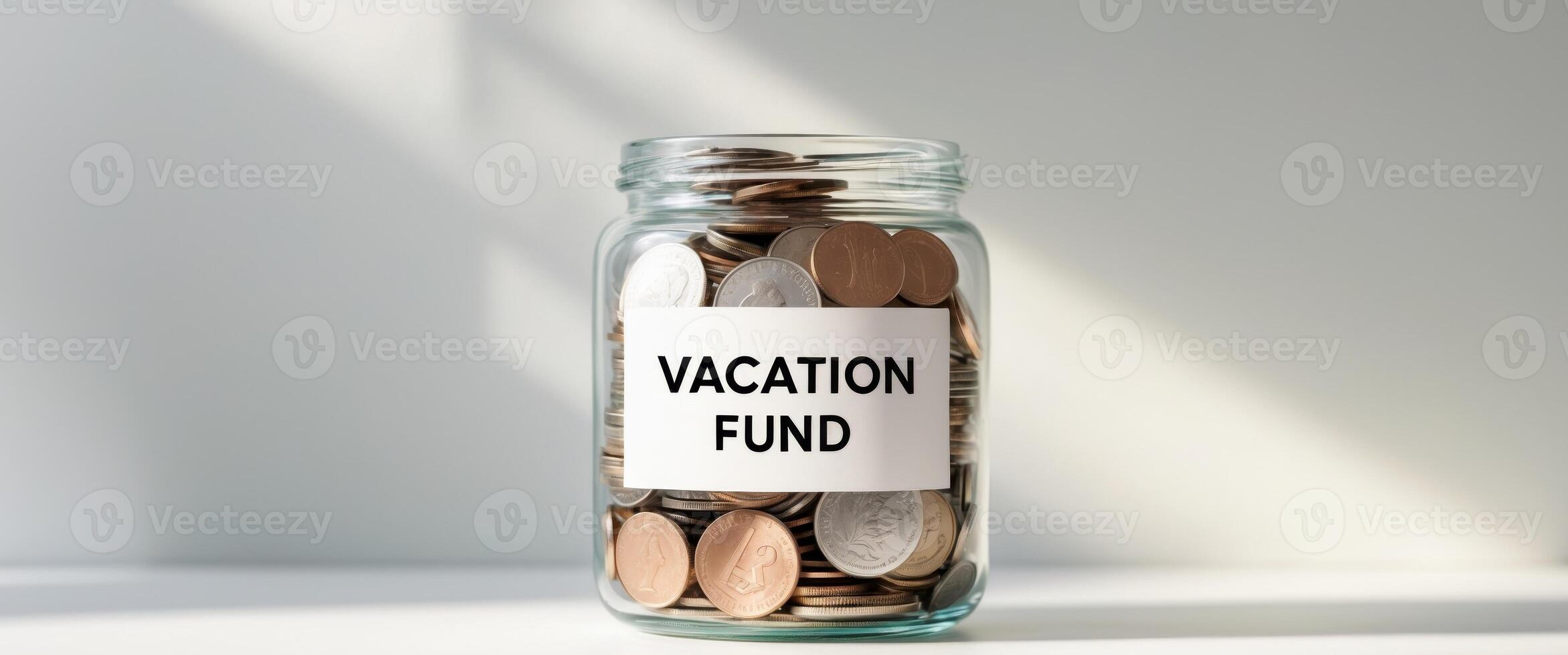 A jar filled with coins labeled Vacation Fund. photo