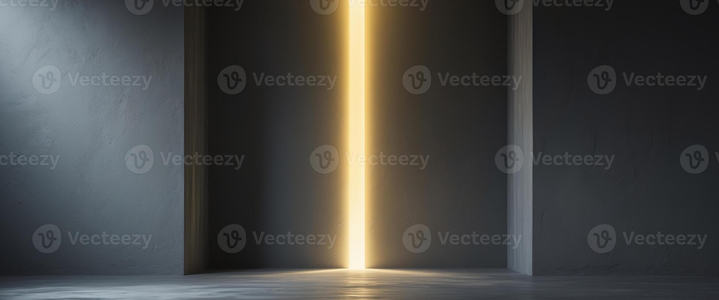 A lone beam of light shining through a dark room symbolizing hope and resilience amidst chaos with caption space on the side. photo