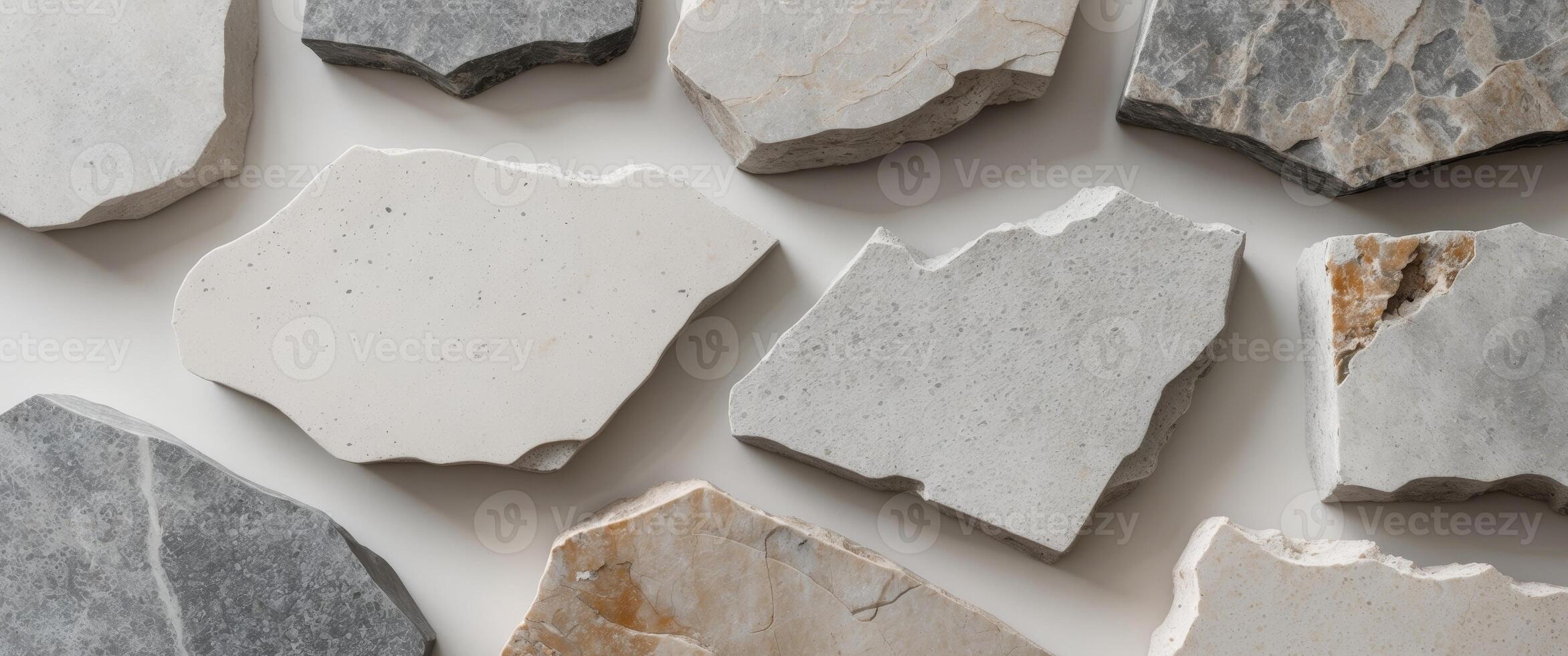 A medium closeup of textured stone slabs highlighting a mix of smooth and jagged edges. photo