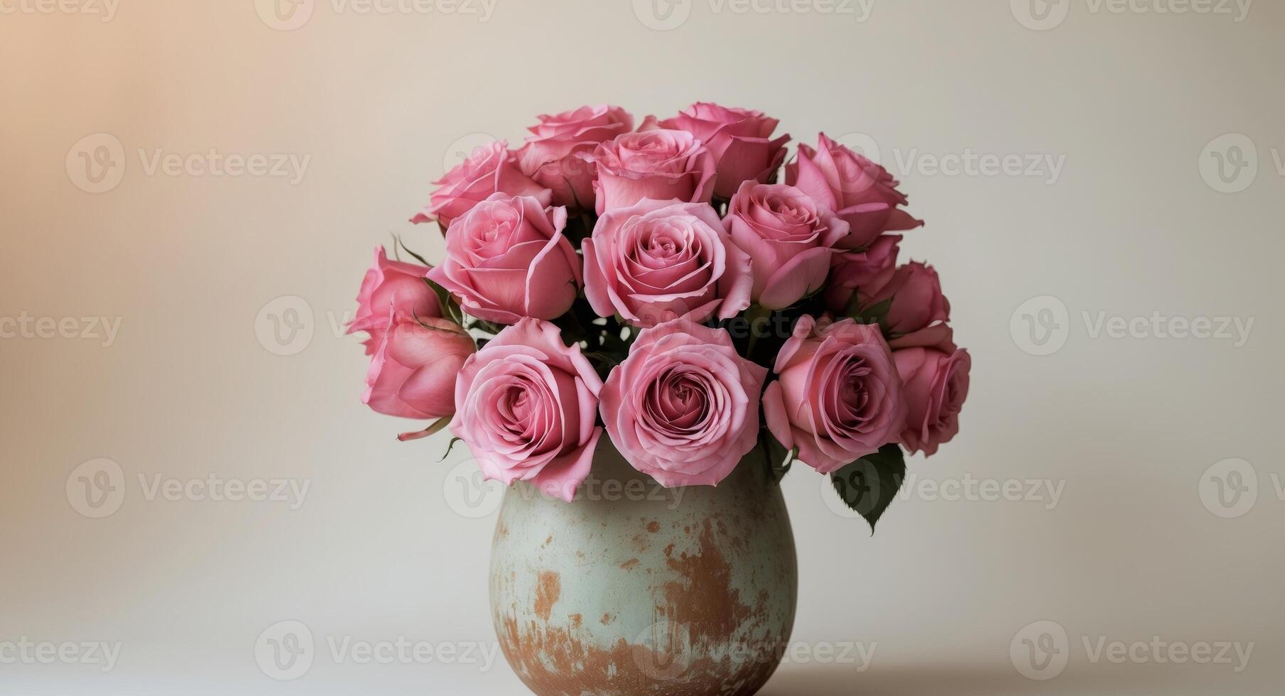 A stunning display of colorful roses in a rustic vase that captures the essence of love. photo