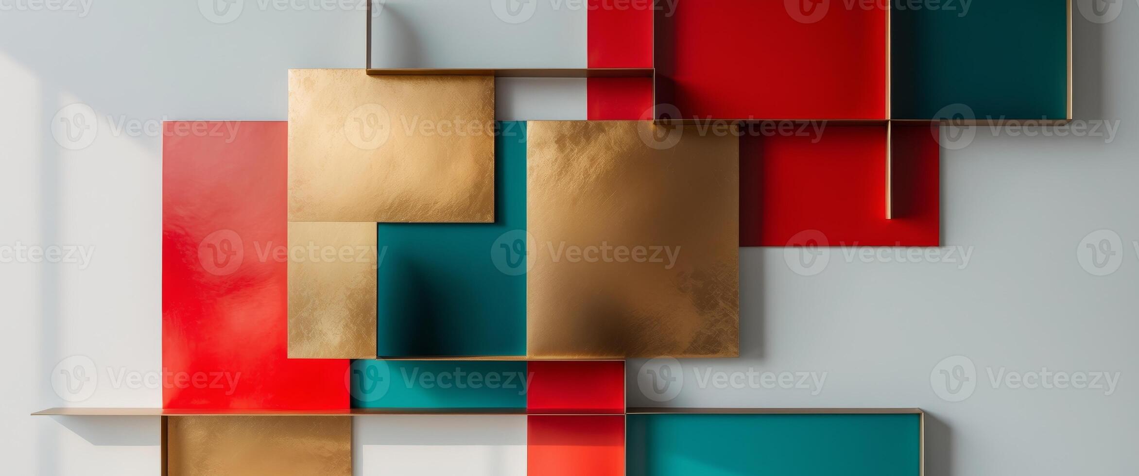 Abstract Geometric Design with Interlocking Squares and Vibrant Hues of Red Gold and Teal photo