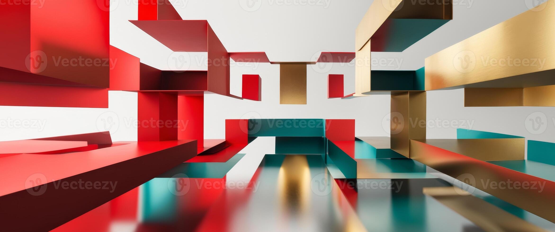 Abstract Geometric Design with Interlocking Squares and Vibrant Hues of Red Gold and Teal. photo