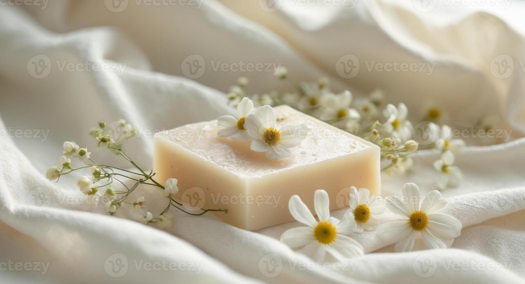 Aromatic Spa Soap Resting on Soft Cloth with Flowers. photo