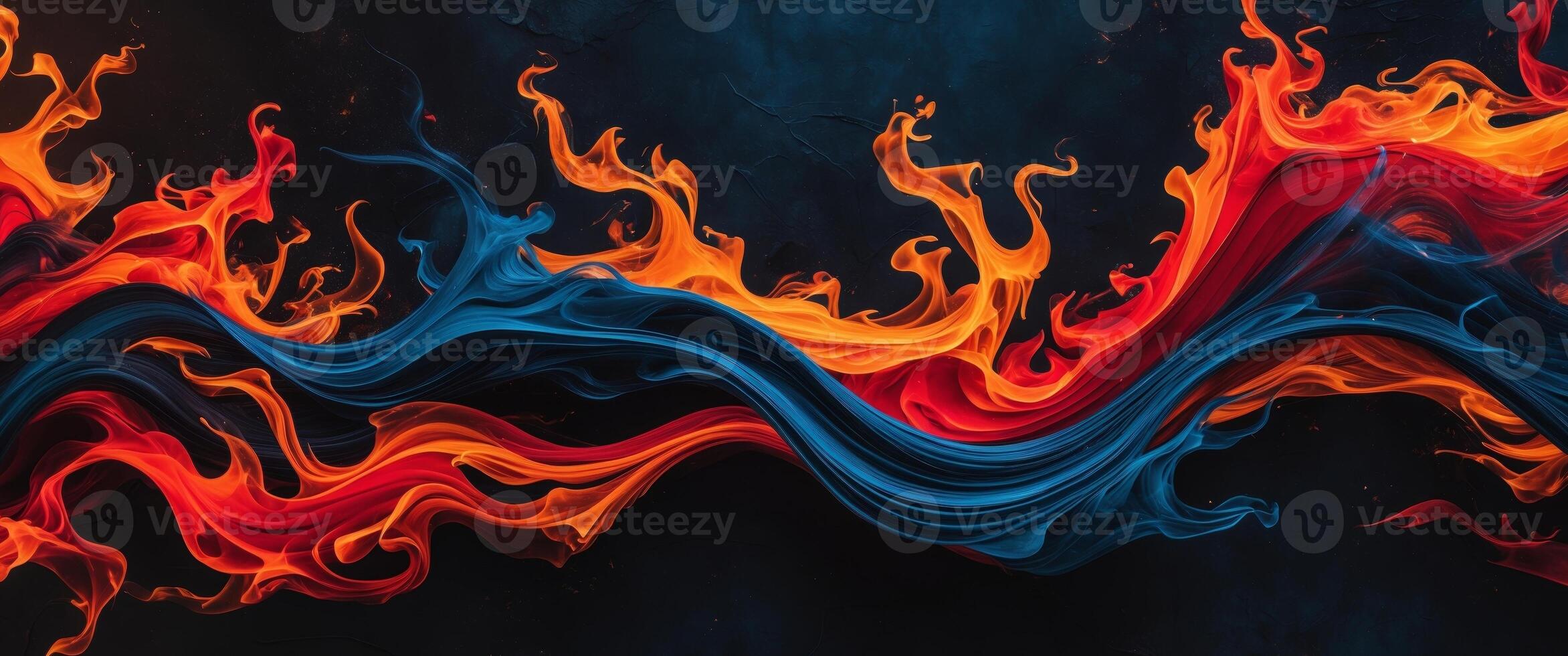 Abstract fiery red and cool blue swirling flames on a dark background. photo